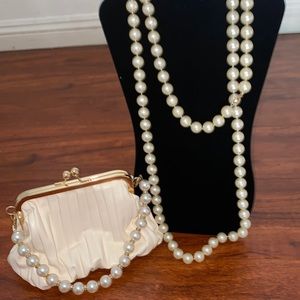 Mini Pearl purse with kiss lock and matching long pearl necklace, cream